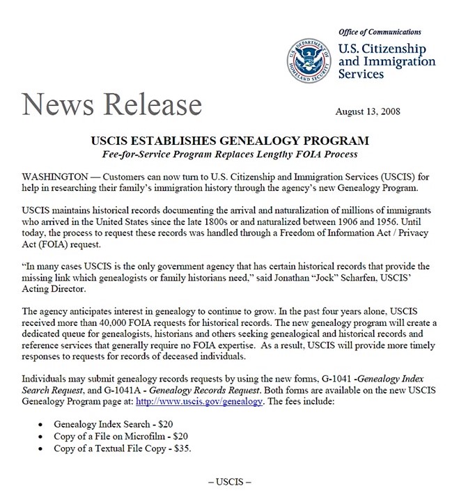 2008 Press Release announcing USCIS Genealogy Program